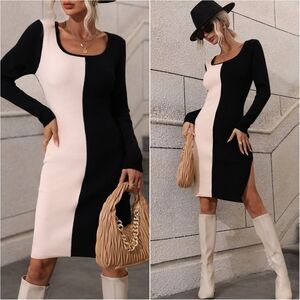 Cozy Crush Ribbed Sweater Dress - Black & Cream